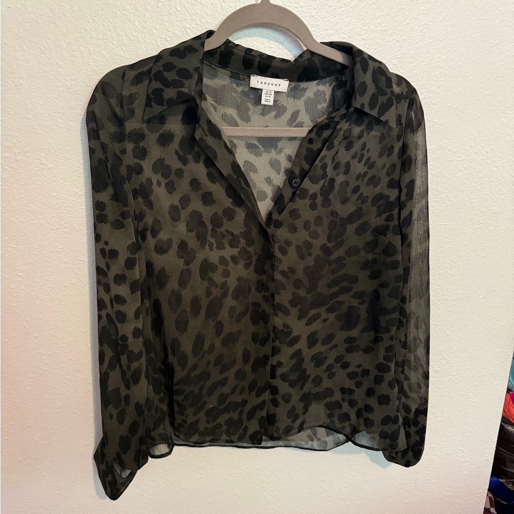 Topshop Olive and Black Patterned Blouse